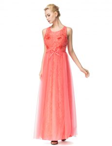Shining Watermelon Red Empire Organza and Tulle Scoop Sleeveless Beading and Bowknot Floor Length Zipper Prom Dresses