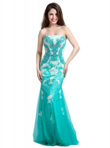 Mermaid Floor Length Turquoise Evening Dress Tulle Sleeveless Beading and Appliques