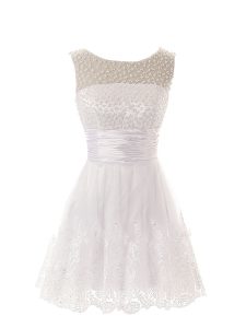 Scoop Mini Length Zipper Prom Dresses White for Prom and Party with Beading and Lace