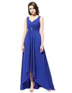 V-neck Sleeveless Prom Dress With Brush Train Ruching Royal Blue Chiffon