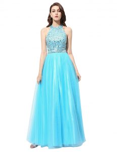 Custom Made Scoop Beading Prom Evening Gown Aqua Blue Zipper Sleeveless Floor Length