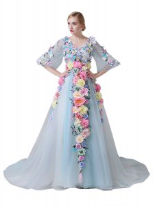 Artistic Tulle V-neck Half Sleeves Court Train Zipper Hand Made Flower Prom Dresses in Light Blue