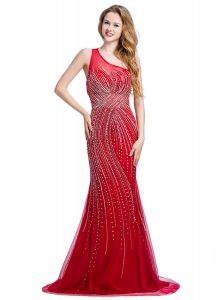 Romantic Brush Train Column/Sheath Dress for Prom Red One Shoulder Tulle Sleeveless With Train Zipper