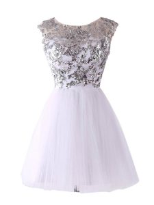 Scoop Cap Sleeves Prom Gown Mini Length Sequins White Tulle