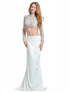 Super With Train White Prom Dress Chiffon Brush Train Long Sleeves Beading and Lace and Appliques
