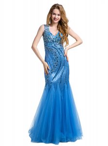 Mermaid V-neck Sleeveless Zipper Prom Gown Baby Blue Tulle
