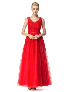 Fashionable Red Empire Tulle V-neck Sleeveless Beading and Appliques Floor Length Lace Up Prom Dresses