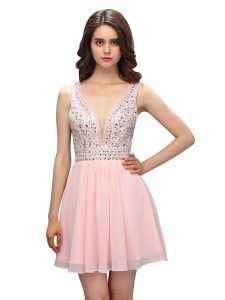 Artistic Mini Length Zipper Dress for Prom Baby Pink for Prom and Party with Beading