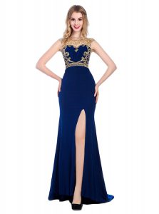 With Train Navy Blue Prom Dress Silk Like Satin Sweep Train Sleeveless Beading and Appliques