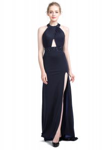 Free and Easy With Train Black Evening Dress Halter Top Sleeveless Brush Train Backless