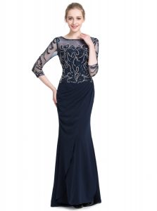 Beading and Appliques Prom Evening Gown Navy Blue Zipper 3 4 Length Sleeve Floor Length