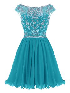Edgy Scoop Teal Cap Sleeves Mini Length Beading Zipper Prom Evening Gown