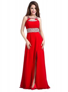 Enchanting Red Empire Silk Like Satin Square Sleeveless Beading Floor Length Zipper Dress for Prom