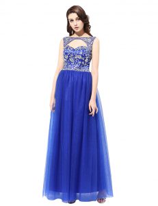 Designer Floor Length Blue Homecoming Dress Tulle Sleeveless Beading