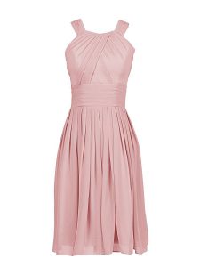 Scoop Sleeveless Knee Length Pleated Zipper Prom Gown with Pink
