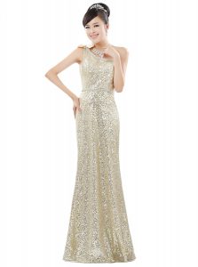 Attractive Champagne Column/Sheath One Shoulder Sleeveless Sequined Floor Length Zipper Beading and Sequins Dress for Pr