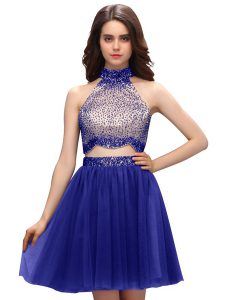 Excellent Sleeveless Mini Length Beading Zipper Prom Dresses with Blue