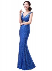 Hot Sale Royal Blue Zipper Prom Dress Sequins Sleeveless Floor Length