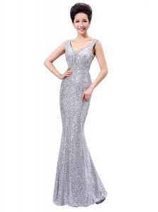 Silver Column/Sheath Sequins Prom Dress Zipper Sequined Sleeveless Floor Length