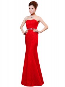 Edgy Lace Floor Length Column/Sheath Sleeveless Red Prom Evening Gown Zipper