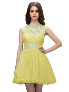 Scoop Mini Length Zipper Prom Evening Gown Light Yellow for Prom and Party with Beading