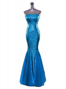 Blue Mermaid Sequins Prom Gown Zipper Sequined Sleeveless Floor Length