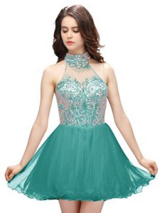 Great Teal Zipper High-neck Beading Dress for Prom Organza Sleeveless