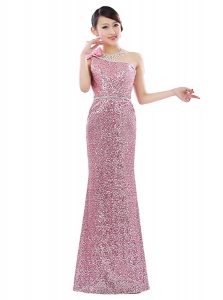 Classical One Shoulder Sleeveless Sequined Floor Length Zipper Prom Gown in Pink with Sequins