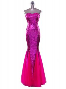 Mermaid Sleeveless Sequined Floor Length Zipper Homecoming Dress in Fuchsia with Sequins