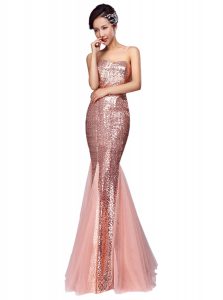 Mermaid Pink Sleeveless Floor Length Sequins Zipper