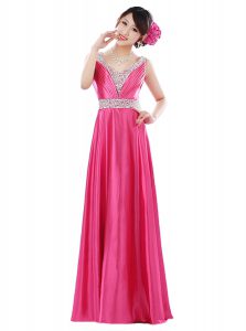 Floor Length Hot Pink Dress for Prom V-neck Sleeveless Zipper