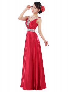 Excellent Coral Red Sleeveless Elastic Woven Satin Zipper Prom Dress for Prom and Party