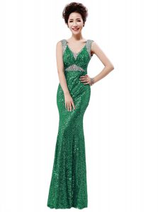 Sexy Green Zipper Prom Gown Sequins Sleeveless Floor Length