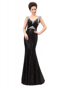 Black Sequined Zipper V-neck Sleeveless Floor Length Prom Dress Sequins