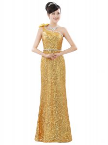 One Shoulder Sequins Gold Sleeveless Sequined Zipper Dress for Prom for Prom and Party