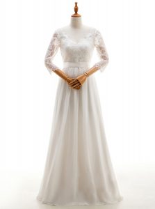 Extravagant White Chiffon Lace Up V-neck 3 4 Length Sleeve Floor Length Bridal Gown Lace