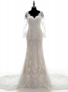 Fantastic Court Train Column/Sheath Wedding Gowns White V-neck Lace 3 4 Length Sleeve With Train Clasp Handle