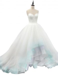 Deluxe Sweetheart Sleeveless Wedding Gowns High Low Beading and Appliques Multi-color Organza