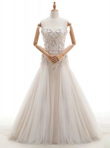 Nice White Sleeveless Tulle Brush Train Lace Up Wedding Dress for Wedding Party