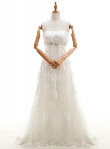 Tulle Sleeveless With Train Wedding Gown Sweep Train and Appliques