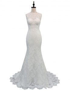Fine Mermaid Lace With Train White Wedding Dress High-neck Sleeveless Brush Train Backless