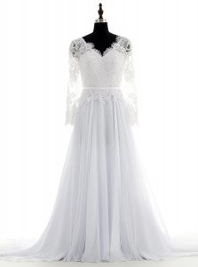 Fancy White Chiffon Backless Wedding Dress Long Sleeves With Brush Train Lace