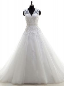 Classical White V-neck Neckline Appliques Wedding Gowns Sleeveless Backless