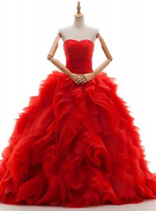 Fitting Sweetheart Sleeveless Wedding Gowns Brush Train Ruffles and Ruching Red Tulle
