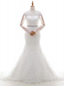 Customized Mermaid Scoop White Clasp Handle Bridal Gown Beading and Lace Long Sleeves With Brush Train