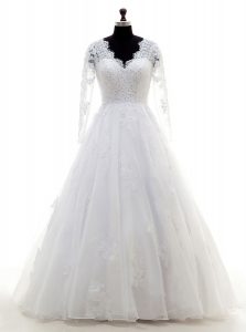 Trendy Organza Long Sleeves Floor Length Wedding Gowns and Beading and Lace and Appliques