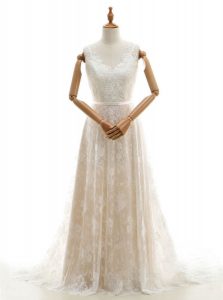 Perfect Champagne Zipper V-neck Lace Bridal Gown Lace Sleeveless Chapel Train