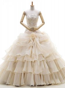 Champagne Organza Lace Up Wedding Dresses Sleeveless Floor Length Appliques and Ruffled Layers and Pick Ups and Hand Mad