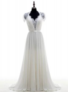 Exquisite White V-neck Neckline Lace Wedding Dresses Short Sleeves Clasp Handle