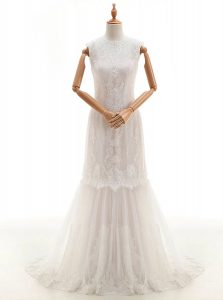 Lace With Train White Wedding Gowns High-neck Sleeveless Brush Train Clasp Handle
